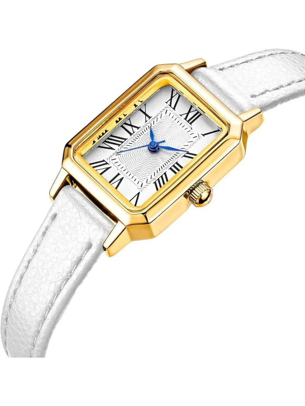 Women's White Gold Leather Strap Elegant Dainty Vintage Rectangle Wrist Watch